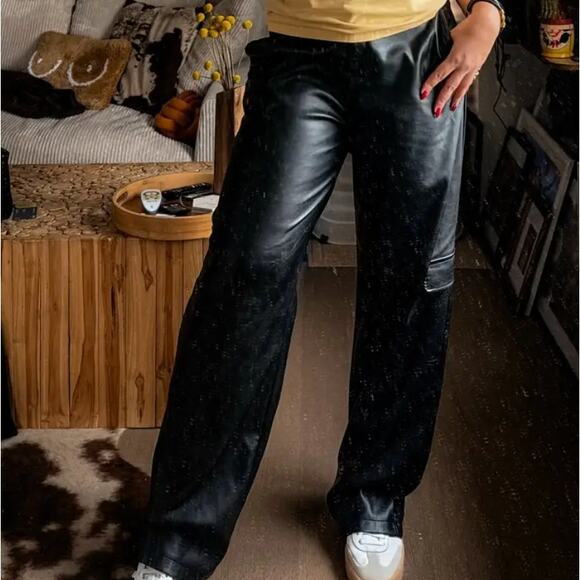 Louna Black Faux Leather Cargo Pants MEDIUM Wide Leg Trouser Designer $180 Flaw - Picture 8 of 10